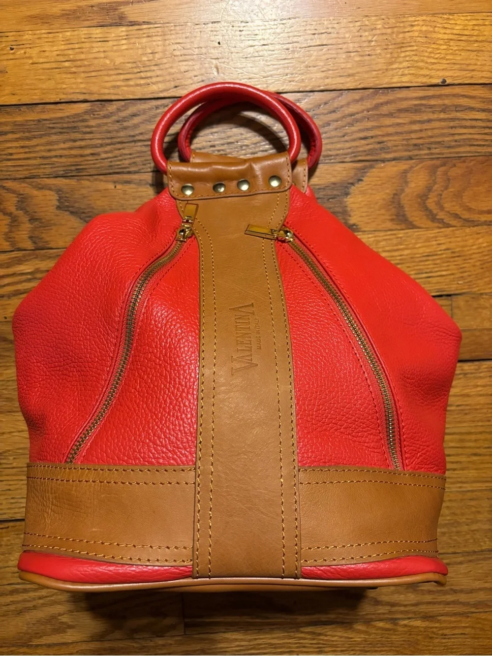 Valentina Coral Orange  and Tan Leather Tote with Gold Hardware